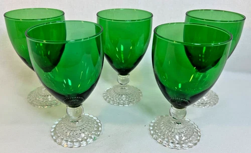 Set of  5 Vintage Anchor Hocking Green Bubble Foot Water Goblet Glasses 5.5”