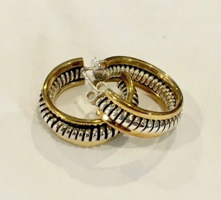 Vtg., Retired 'Silpada' 925 Sterling Silver & Brass Rope Two-Tone Hoop Earrings - Image 3 of 4