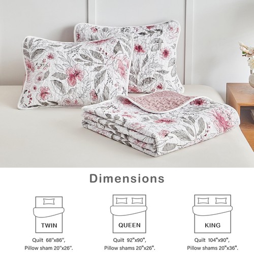 Botanical Quilt Set Full Queen Size 3 Pieces, Blush Pink and Grey Flowers Pri... - Picture 3 of 6