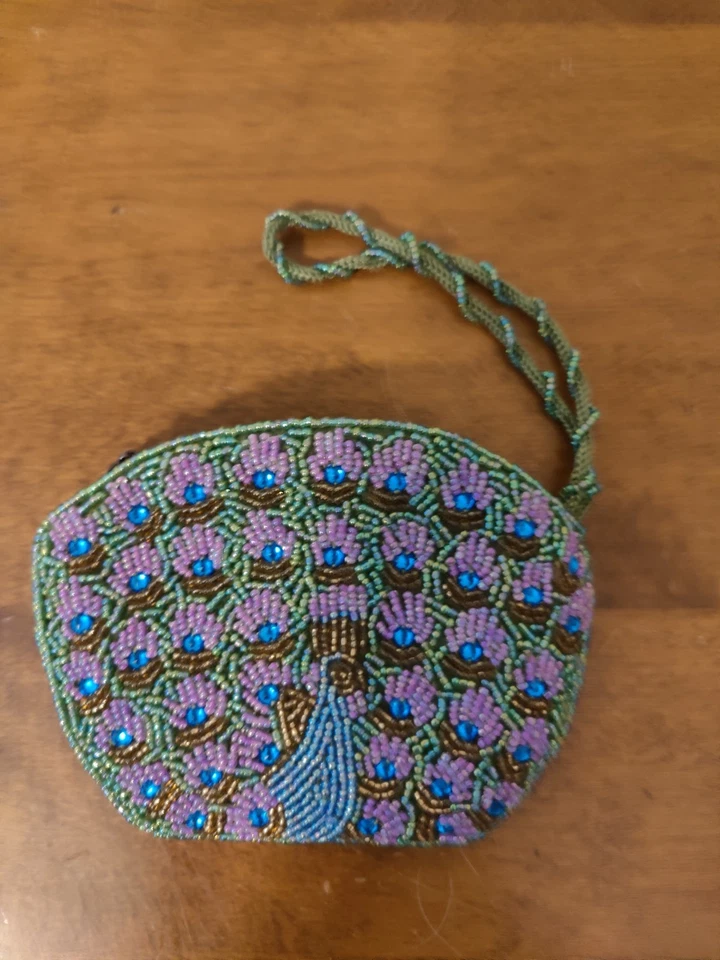 Bolsa de moedas com miçangas pesadas pavão desenhos de jade estilo vintage - Imagem 4 de 4