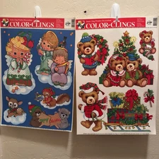 Two Vintage Christmas Window Clings Teddy Bears/Angels Static Window Decoration
