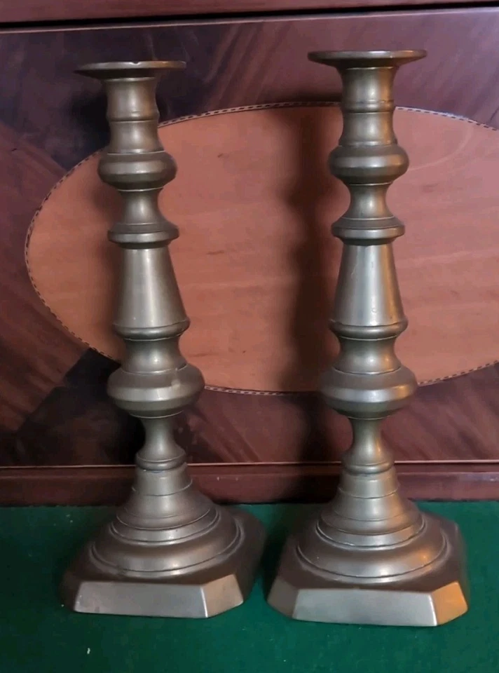 Pair Antique English Brass Push Up Candlesticks 19th Century Candleholders  - Image 2 of 4