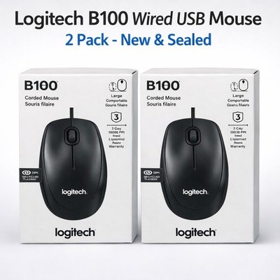 Logitech B100 Wired USB Mouse   New Sealed   Black   2 Pack   Fast Shipping