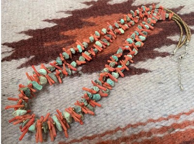 Ethnic multi-strands rustic turquoise/coral necklace22''/(b237-w2)
