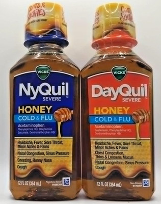2PC Nyquil & Dayquil  Honey Cold & Flu Acetaminophen set ~12 FL OZ Ea~exp 10/26