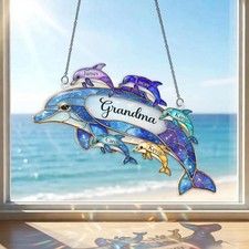 Personalized Dolphin Family Acrylic Suncatcher, Ocean Window Decor Grandma Gift