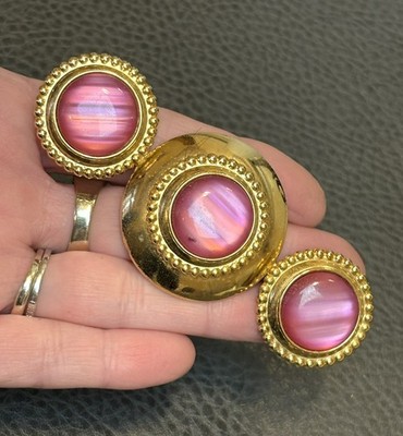 HUGE 80s Runway Statement DESIGN BY PAULA BROOCH Pink Faux MOP Cabochons BEAUTY!