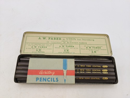 10Pc Writing Pencil Gray #2 Unsharpened NY Central w/ Sleeve A.W.Faber Carry Tin