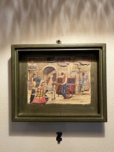 Vintage Signed Street Scene Hand Cut Paper Framed 3D Shadow Box