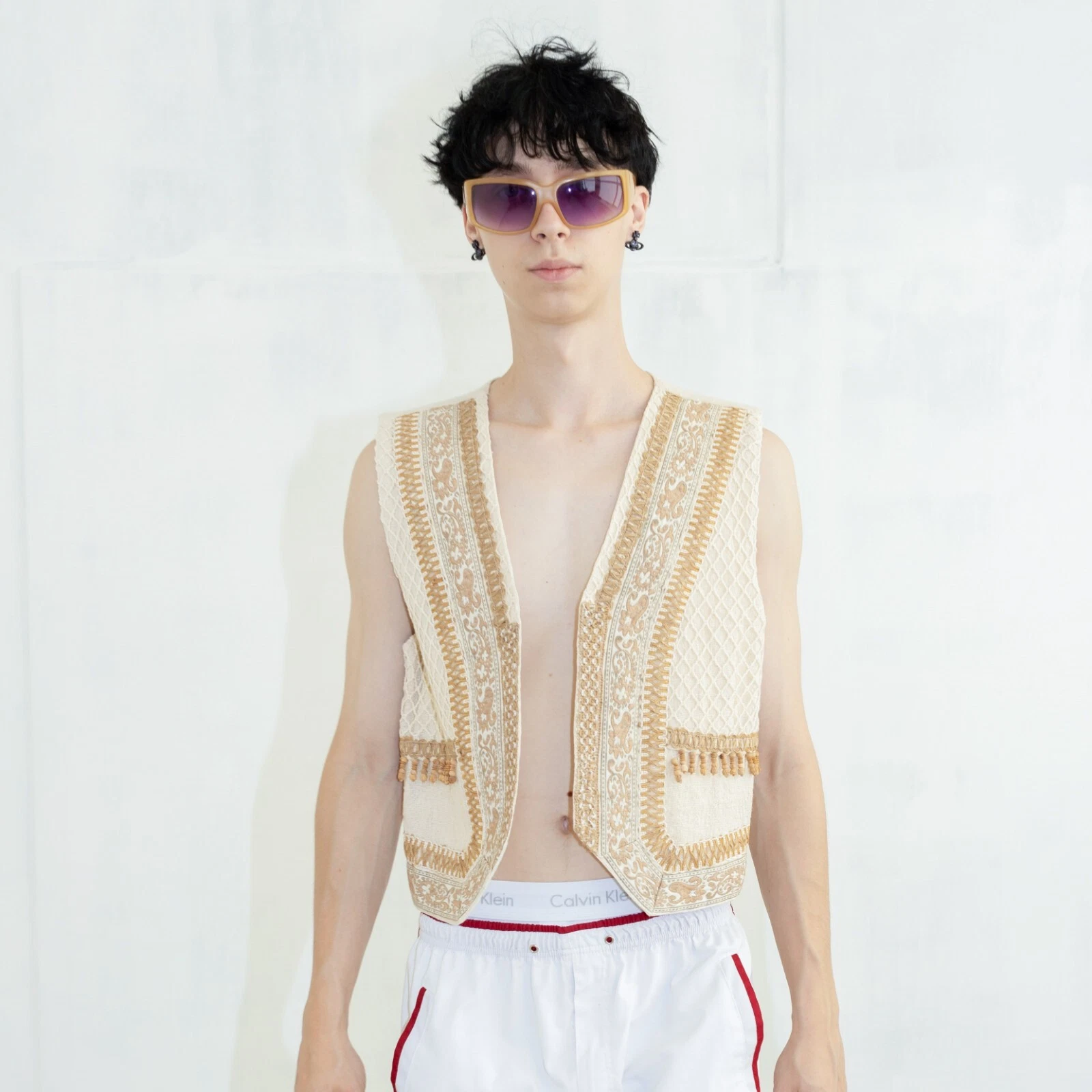 90's Vintage retro embroidered & beaded gilet in beige tones