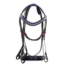 Dressage Leather Bridle With 3 Row Crystal Browband  Blue Padding For Horses.