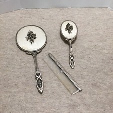 Vintage Vanity Mirror Brush Comb Set Flowers Art Deco 3 Piece Lot