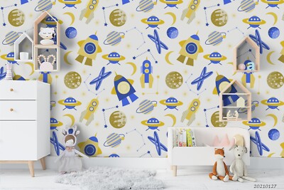 3D Planet Rocket Pattern Kids Self-adhesive Removeable Wallpaper Wall Mural