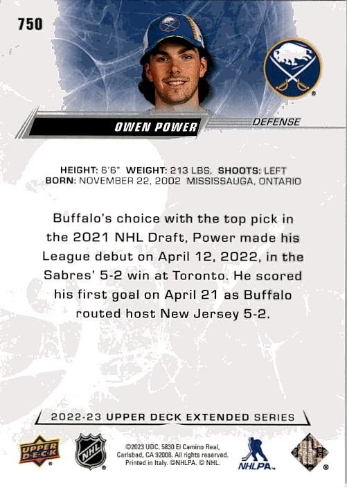 Owen Power Buffalo Sabres 2022-23 Upper Deck Series 2 Hockey Round 1 Draft 750 - Image 2 of 2