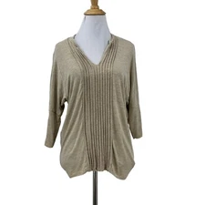 Anthropologie Dolan Top Womens Medium Beige Pleated V Neck Dolman Sleeve Stretch