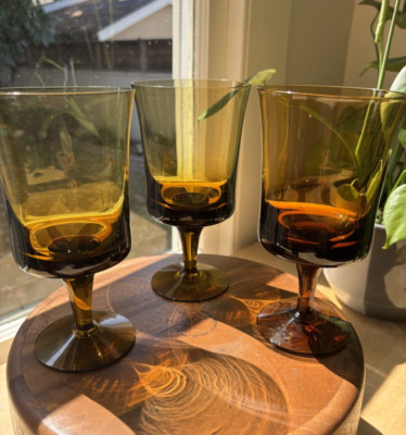 Vintage MCM Arabesque Denby Brown Amber Blown Glass Water Goblets Set of 3