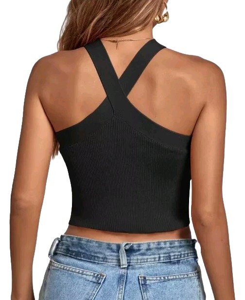 theredthread S front cross tops ブラック WMNS Crisscross Chest Strap Tank Top with Tie Front Accent