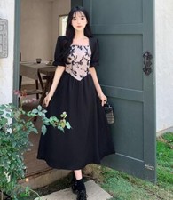 Summer Plus size Hepburn style square collar elegant dress high waist printing