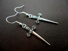 A PAIR OF TIBETAN SILVER KNIFE/SWORD THEMED DANGLY EARRINGS. NEW.
