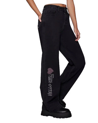 Hello Kitty Jeans Size 26 Black Forever 21 Sanrio Baggy Y2K Rhinestone Pants NWT