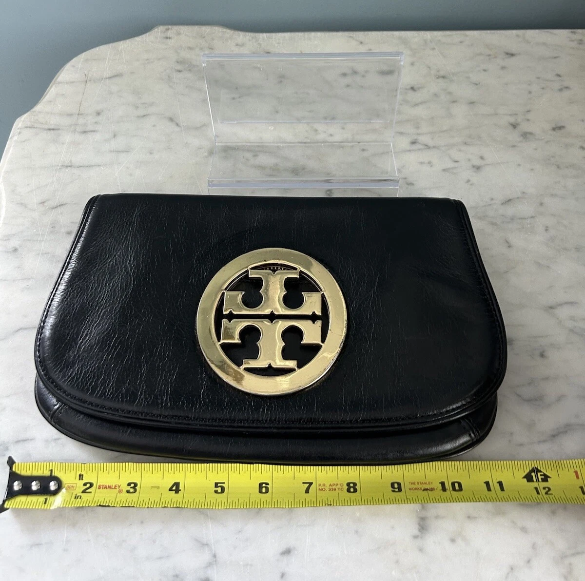 Borsa Tory Burch Reva in pelle nera staccabile catena oro tracolla pochette