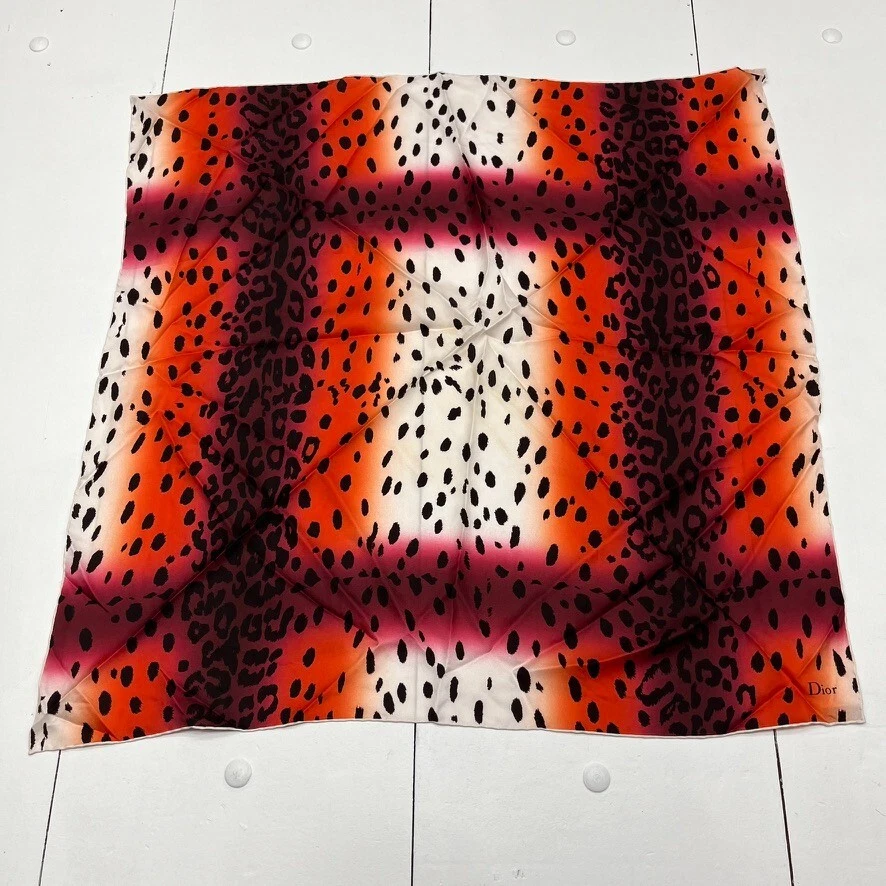 Foulard femme Dior rouge blanc imprimé léopard carré 70 taille unique NEUF *