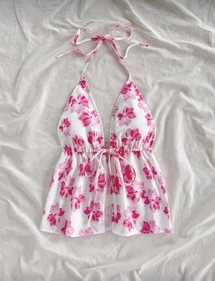 Women's Floral Print V-Neck Halter Top Tie Front Sexy Festival Y2K Size XL (12)