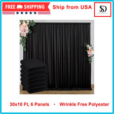 30ft x 10ft Wrinkle Free Black Backdrop Curtain For Parties, 6 Panels Polyester