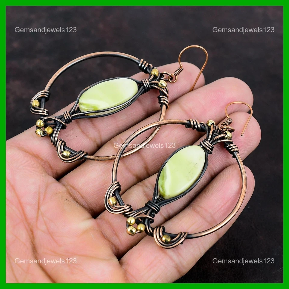 Natural Serpentine Hook Wire Wrapped Dangle Drop Mother Earrings Jewelry Copper - Image 4 of 4