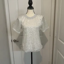 Grey Lab Sequin Open-Back Top Sz S White Sparkly Holiday Party NYE Glam