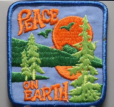 Vintage  Peace on Earth  Iron-On Patch 3x3 Embroidered Sunset Trees Square