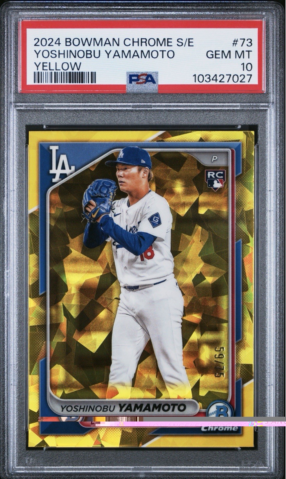 Topps 2024 Bowman Chrome Sapphire Yoshinobu Yamamoto #73 Yellow/75 RC PSA 10