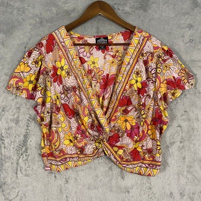 Angie Top Womens 3X Pink Floral Paisley Twist Front Boho Retro Colorful Hippie