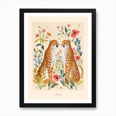 Folksy Floral Animal Drawing Cheeta Framed Wall Art Poster Canvas Print Picture