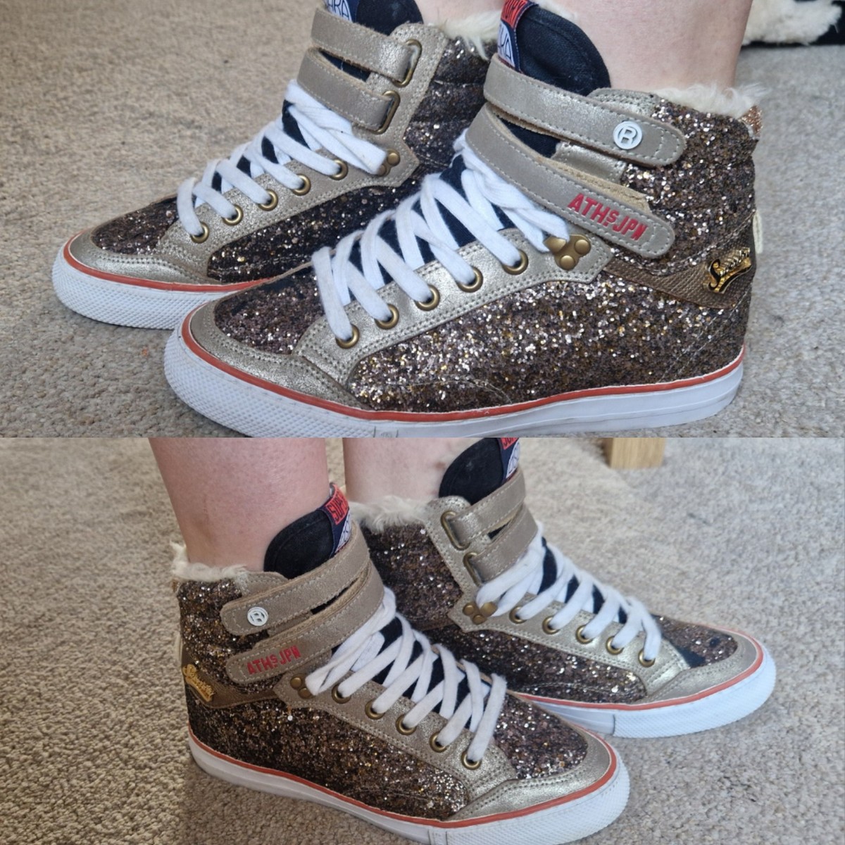 Superdry Champagne/Gold Glitter Nano Crampon Boot Trainers UK Platform  Wedges