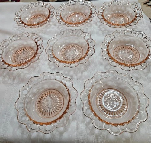 Set of 8 vintage pink depression glass "Old Colony Lace Edge" cereal bowls