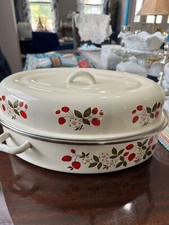 Vintage Sheffield Strawberries 'N Cream Enameled 15" Roasting Pan w/ Lid MCM