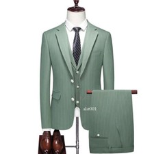 Men Business Plaid Suit 3 Pcs Set Blazers Jacket Pants Vest Trousers Dress Coat