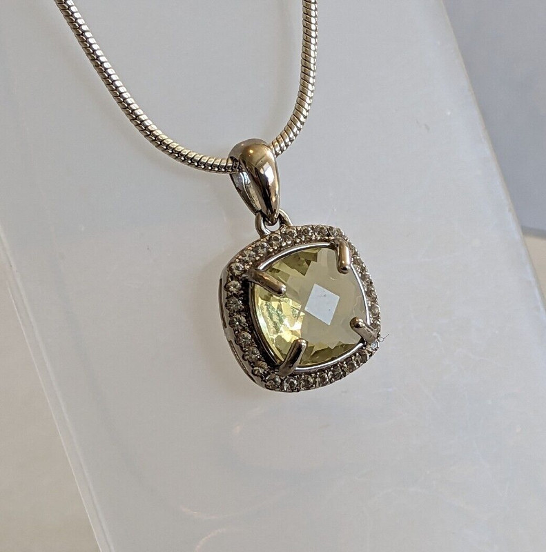 Checkered Cushion Cut  8x8 Citrine&White Topas Silver/RhodiumPlated pendant,New
