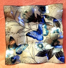 Scalloped Blue and Silver Butterfly Floral Decorative Display Glass Plate Square