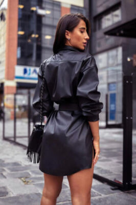 Women Ladies Wet Look Belted Vegan Leather Longline PU Shirt Mini Dress UK  | eBay