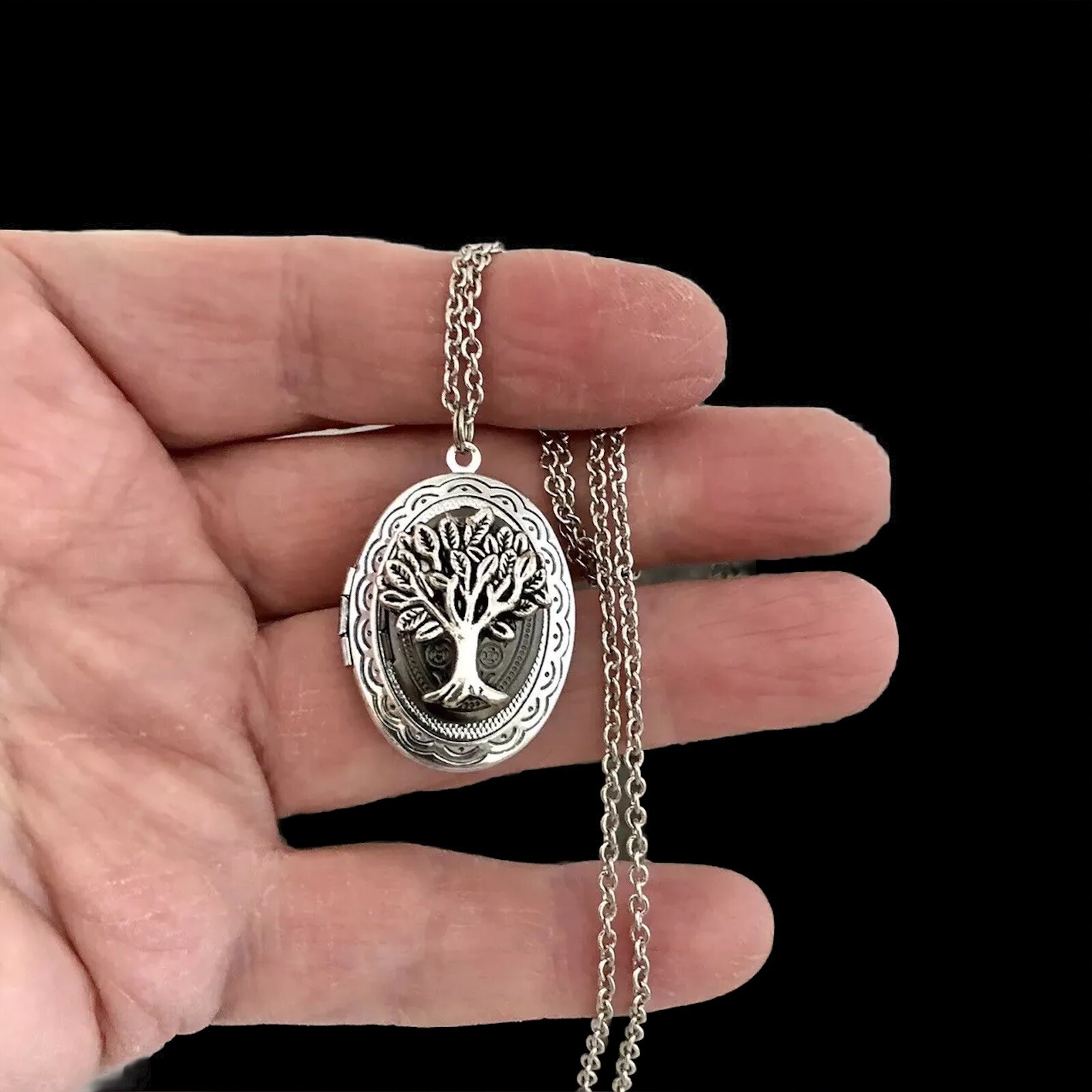Tree Of Life Double Locket Necklace, Vintage Antique Silver Family Photo Pendant
