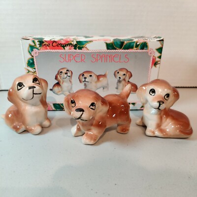 Handcrafted HandPainted Fine Ceramic Super Spaniels Dog Decor Figurines w/Box