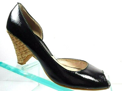 Michael Kors Black Patent Leather Woven Heel Open Toe Pumps