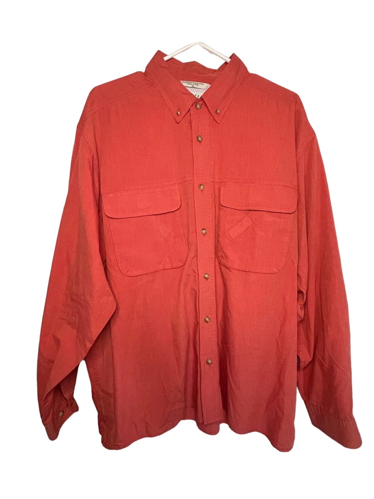 Orvis Button Down Double Pocket Fishing Shirt Long Sleeve Size XL Orange Outdoor