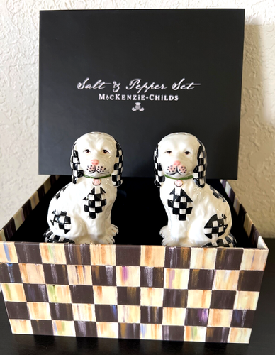 MacKenzie-Childs STAFFORDSHIRE DOG SALT & PEPPER SET Ceramic Handpainted NEW+BOX