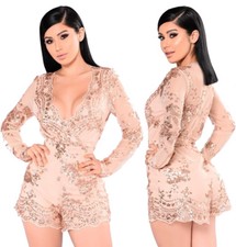 Abito tuta nudo Ricamato Cerimonia Party Cocktail Ballo Sequin Romper dress M