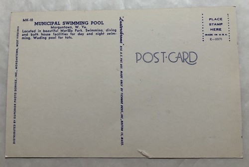 Municipal Swimming Pool Morgantown, W. Va. Postcard (Y1) See Description - Picture 2 of 3