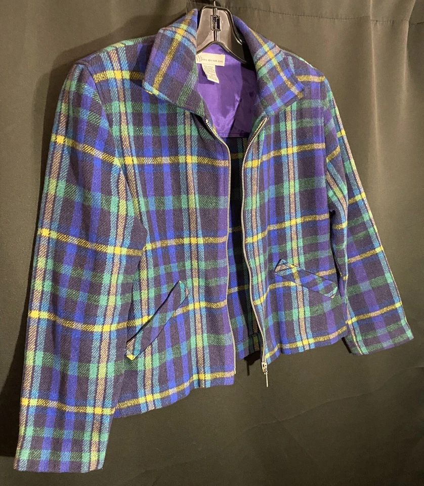 Chaqueta de mezclilla New York vintage años 90 azul verde baird a cuadros mezcla de lana cremallera Y2K talla S Foto 3 de 4