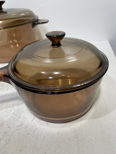 Lote de 8 piezas de sartén de vidrio ámbar Vision Corning Ware vintage, cacerolas, olla de almacenamiento - Imagen 11 de 24
